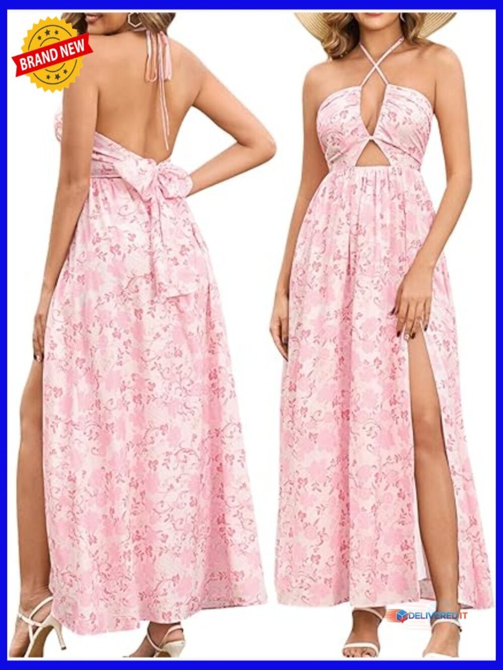 Summer Floral Halter Maxi Dress Backless Boho Beach Vacation Casual